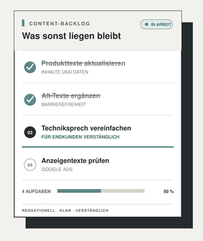 Redaktioneller Content-Backlog von Oeser Media Beispiel eines redaktionellen Content-Backlogs mit Aufgaben zu Produkttexten, Alt-Texten, technischen Inhalten und Google Ads.